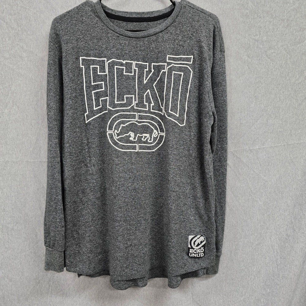Ecko Unltd Mens XL Gray Thermal Waffle Knit Long Sleeve Rhino Logo Shirt Vintage